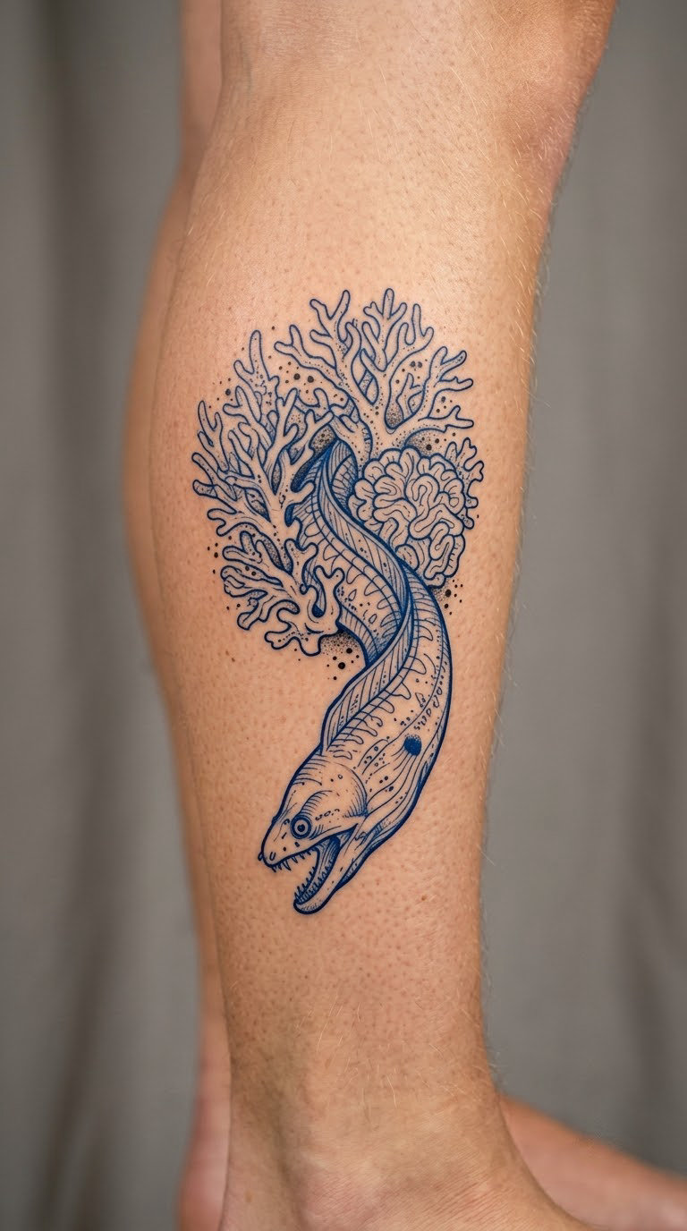 Blue Linework Moray Eel in a Coral Crevice