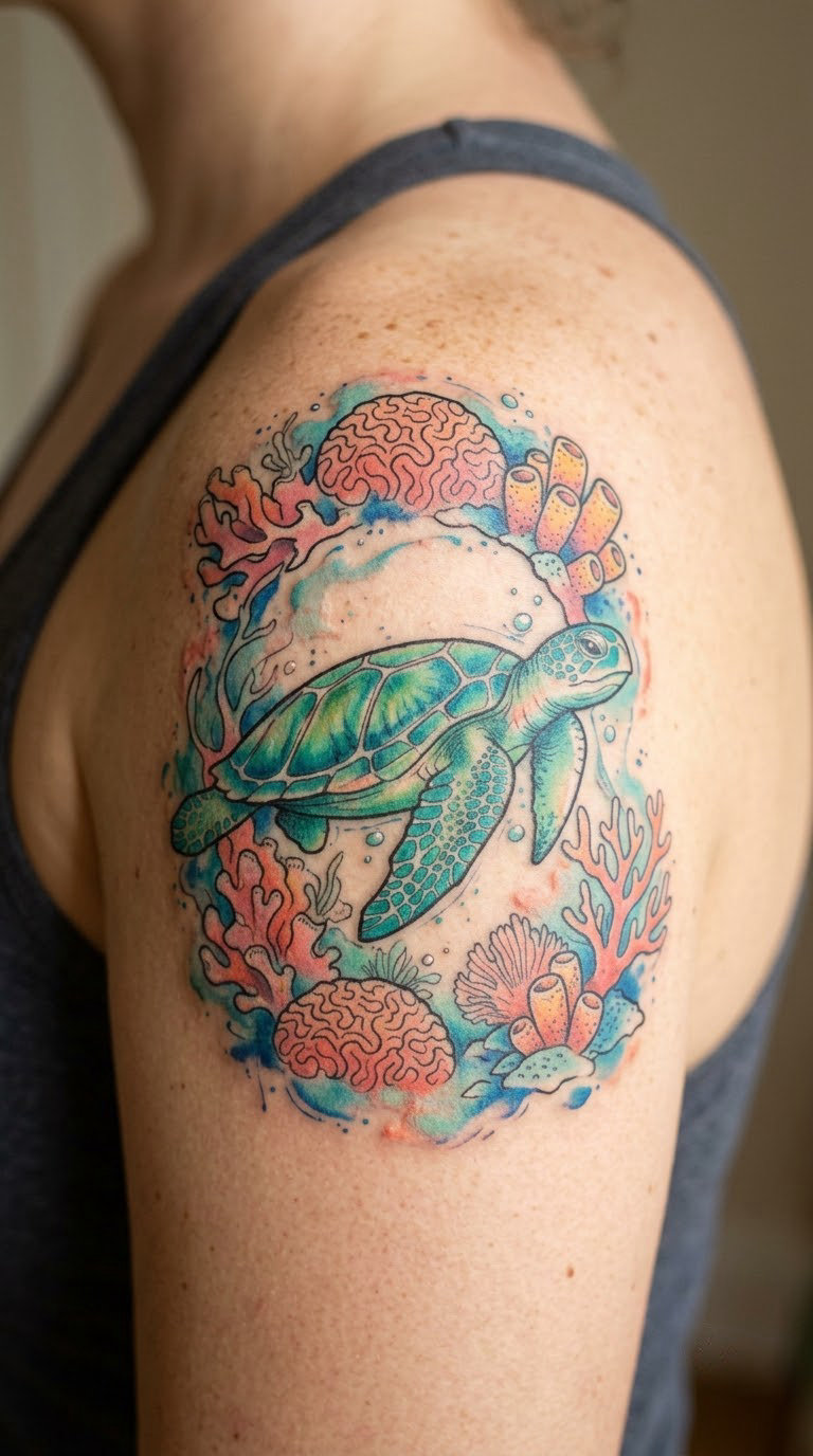 Watercolor Turtle Over a Coral Arch