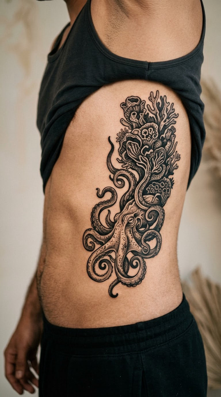 Blackwork Octopus and Coral Negative Space