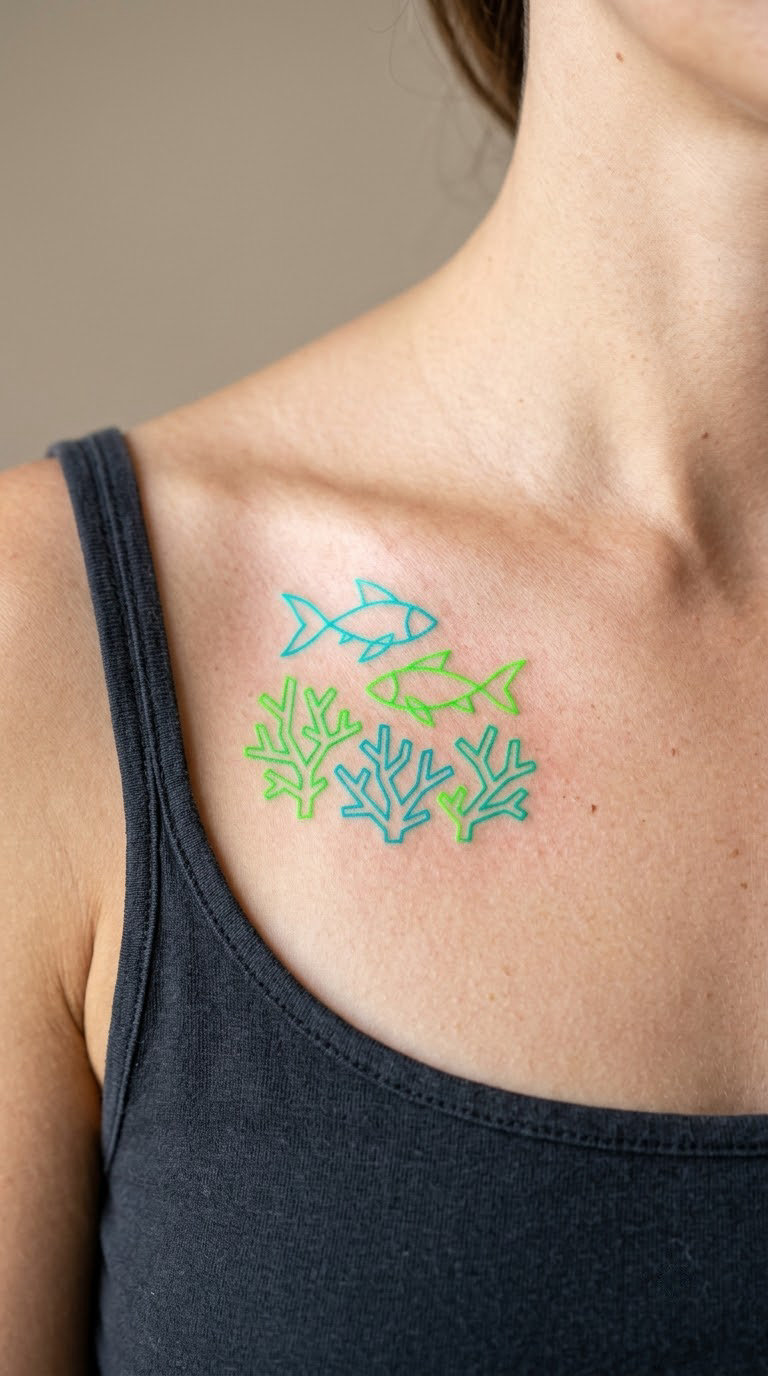 Neon Minimalist Coral and Fish Pair