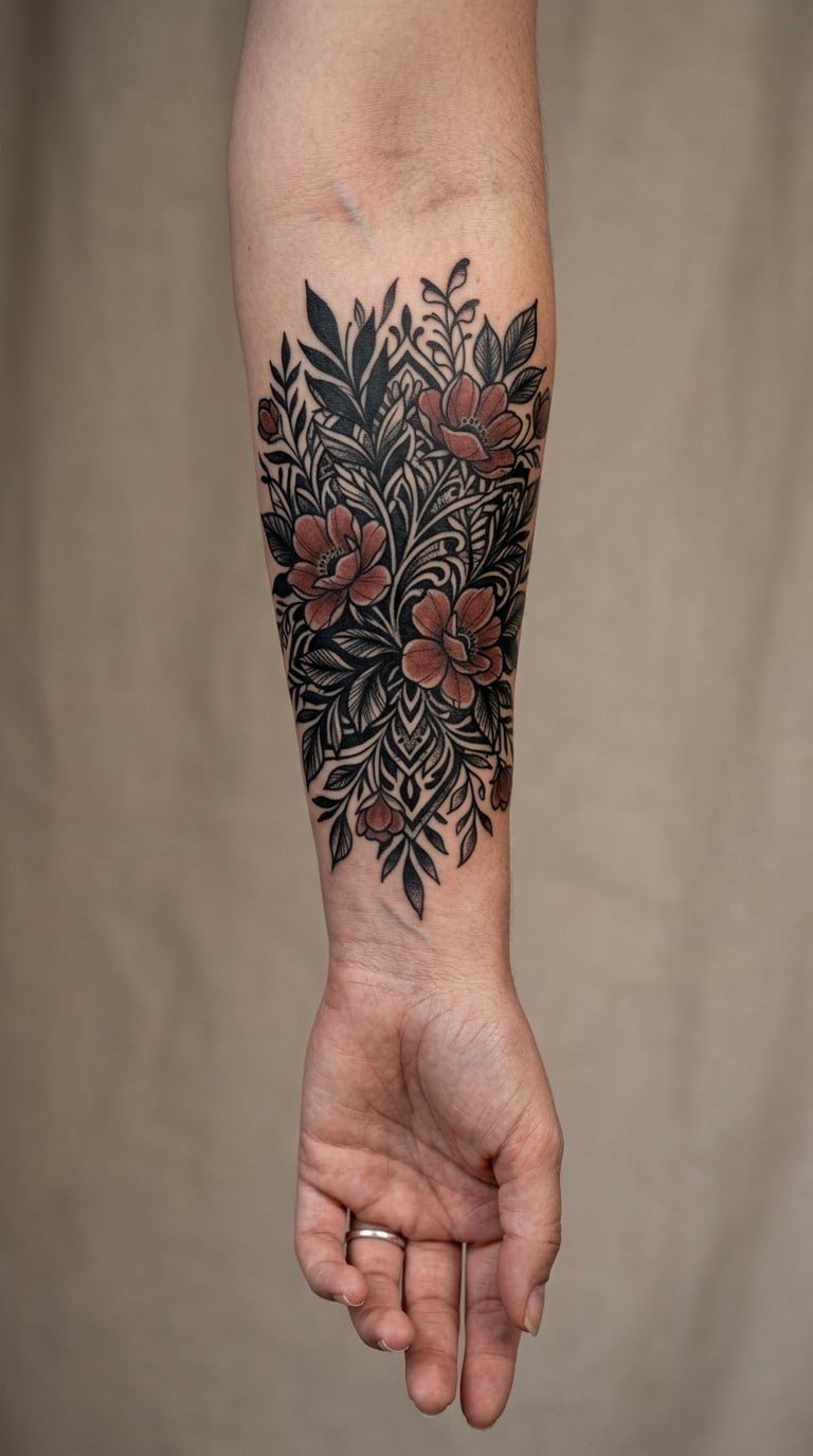 Blackwork Floral Cover-Up Over a Name