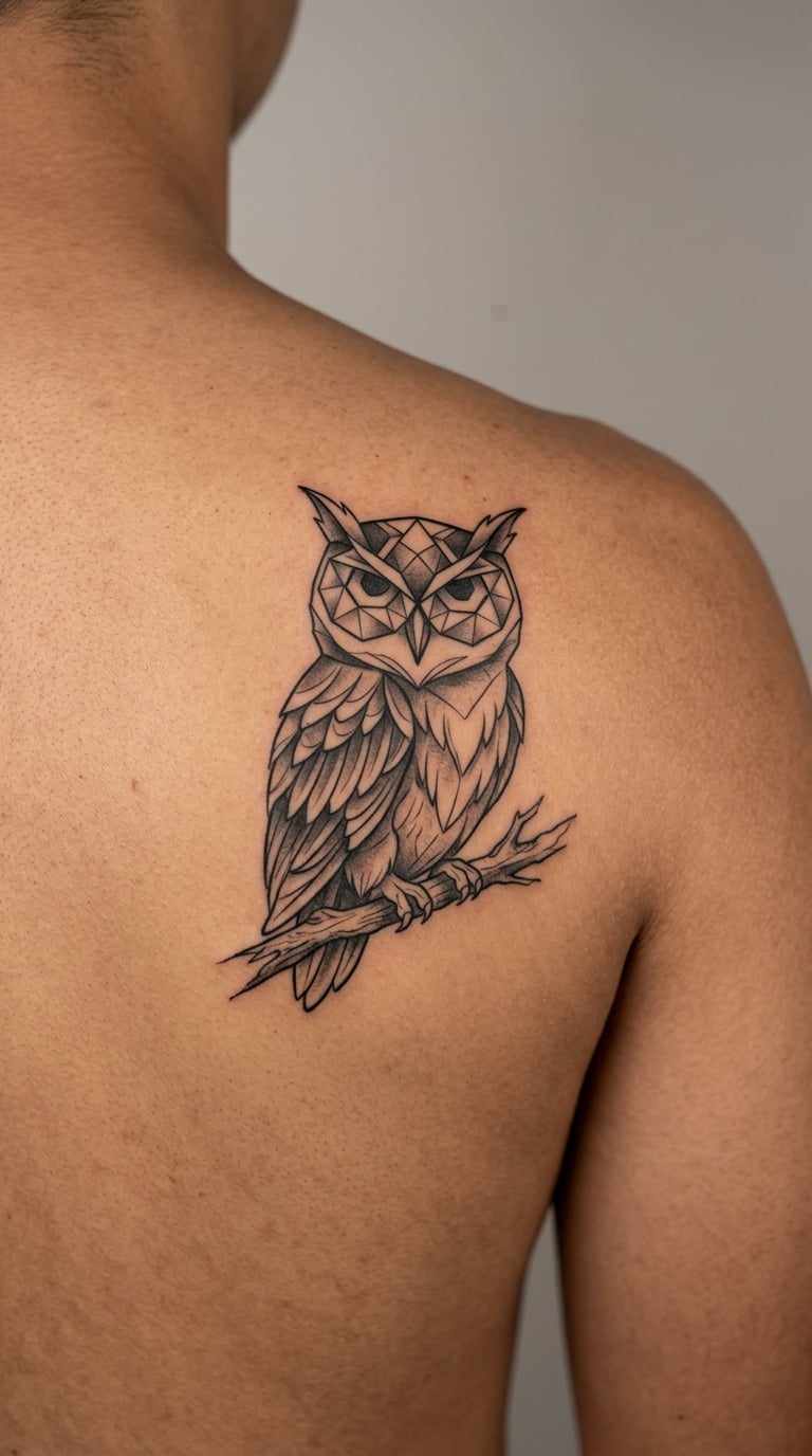 Owl With Geometric Eyes and Branch