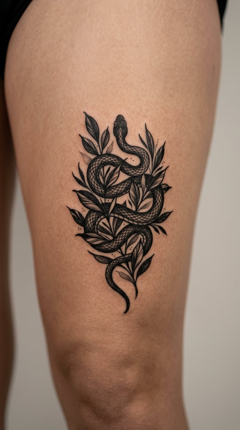 Snake Woven Through Botanical Foliage