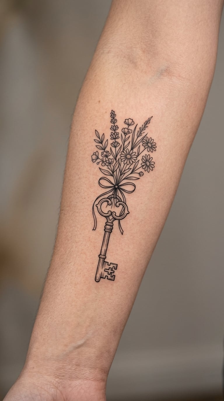 Antique Key and Wildflower Bouquet