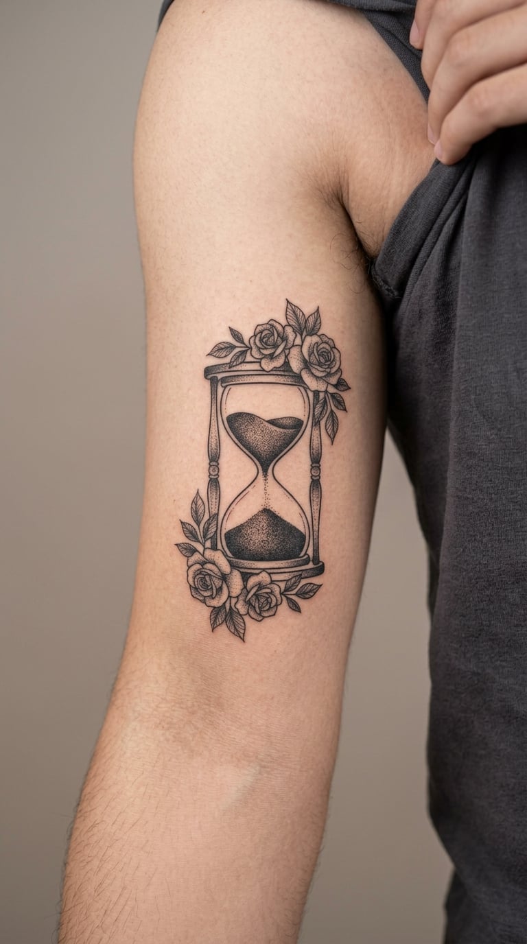 Hourglass With Black Sand and Floral Frame