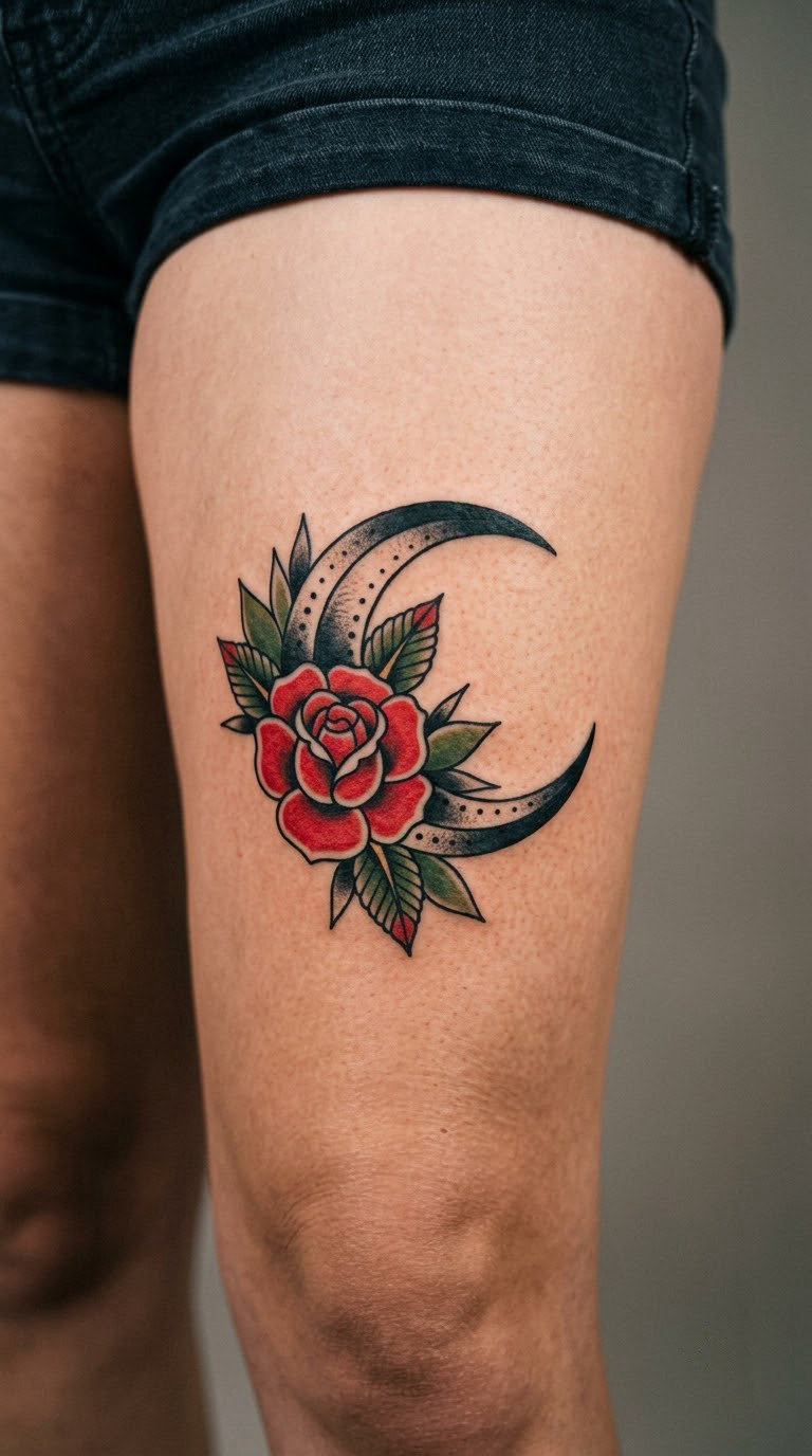 Traditional Crescent Moon and Rose on the Thigh