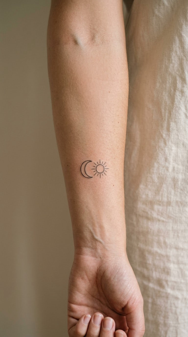 Crescent Moon and Sun on the Forearm