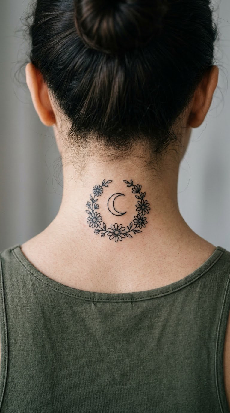 Floral Crescent Moon on the Back of the Neck