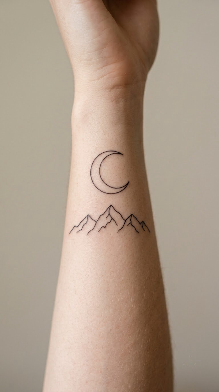 Crescent Moon with Fine-Line Mountain Range on the Arm