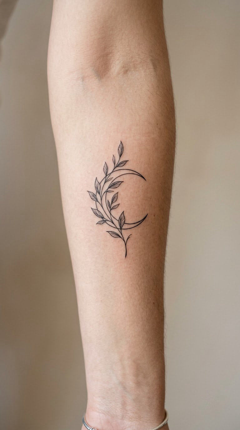 Crescent Moon with Botanical Branch on the Forearm
