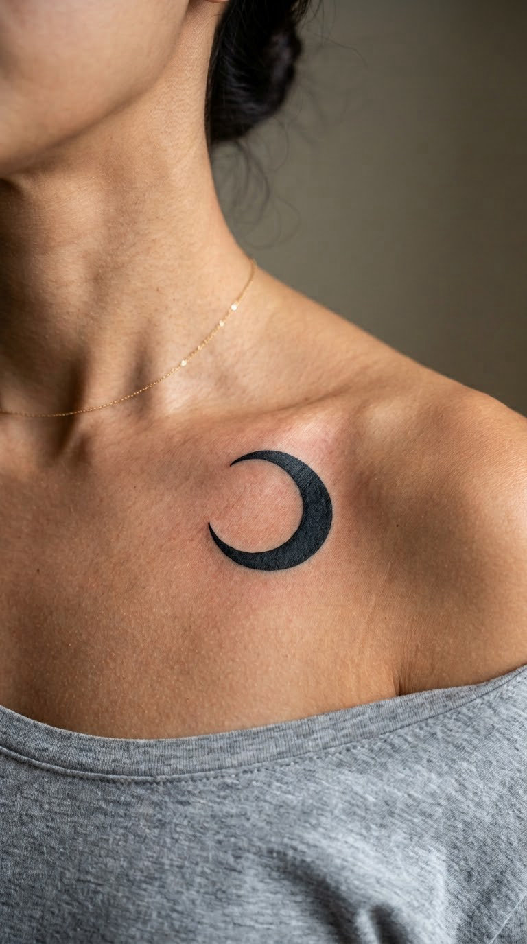 Blackwork Crescent Moon on the Collarbone