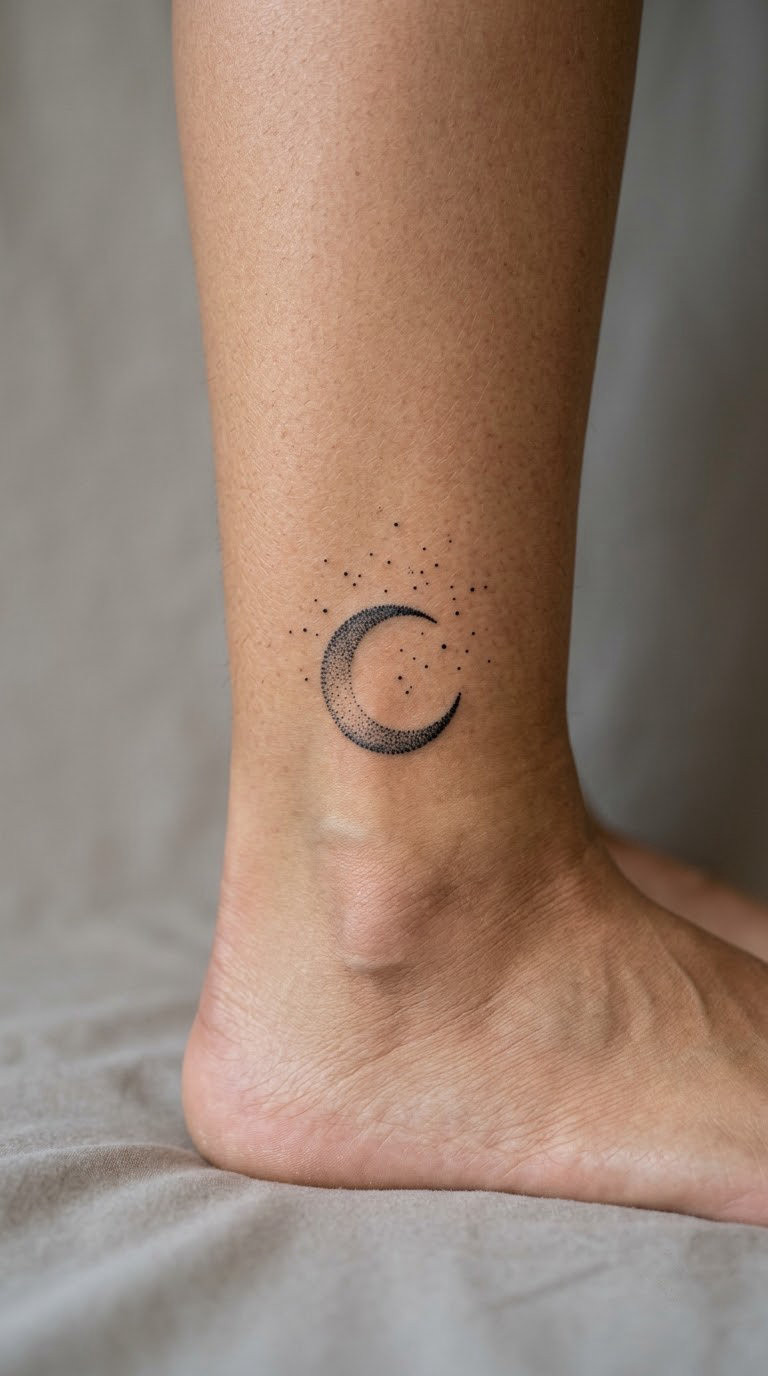 Dotwork Crescent Moon on the Ankle