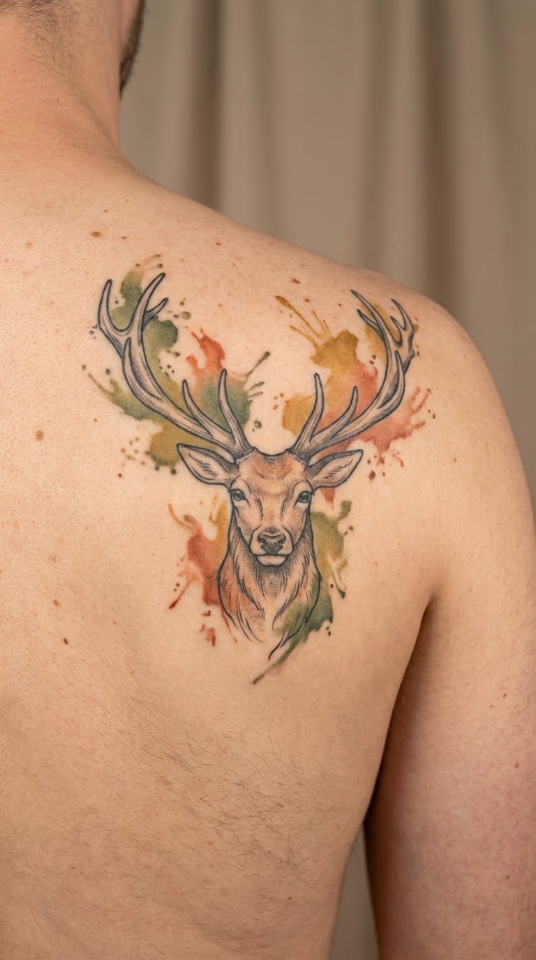 Deer Head with Watercolour Splashes