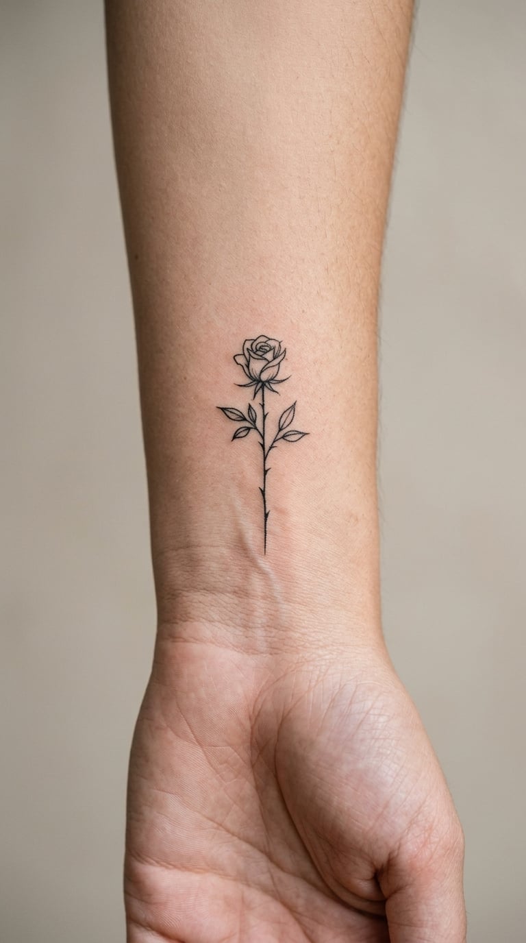 Single-Needle Rose Outline on the Inner Wrist, 4cm