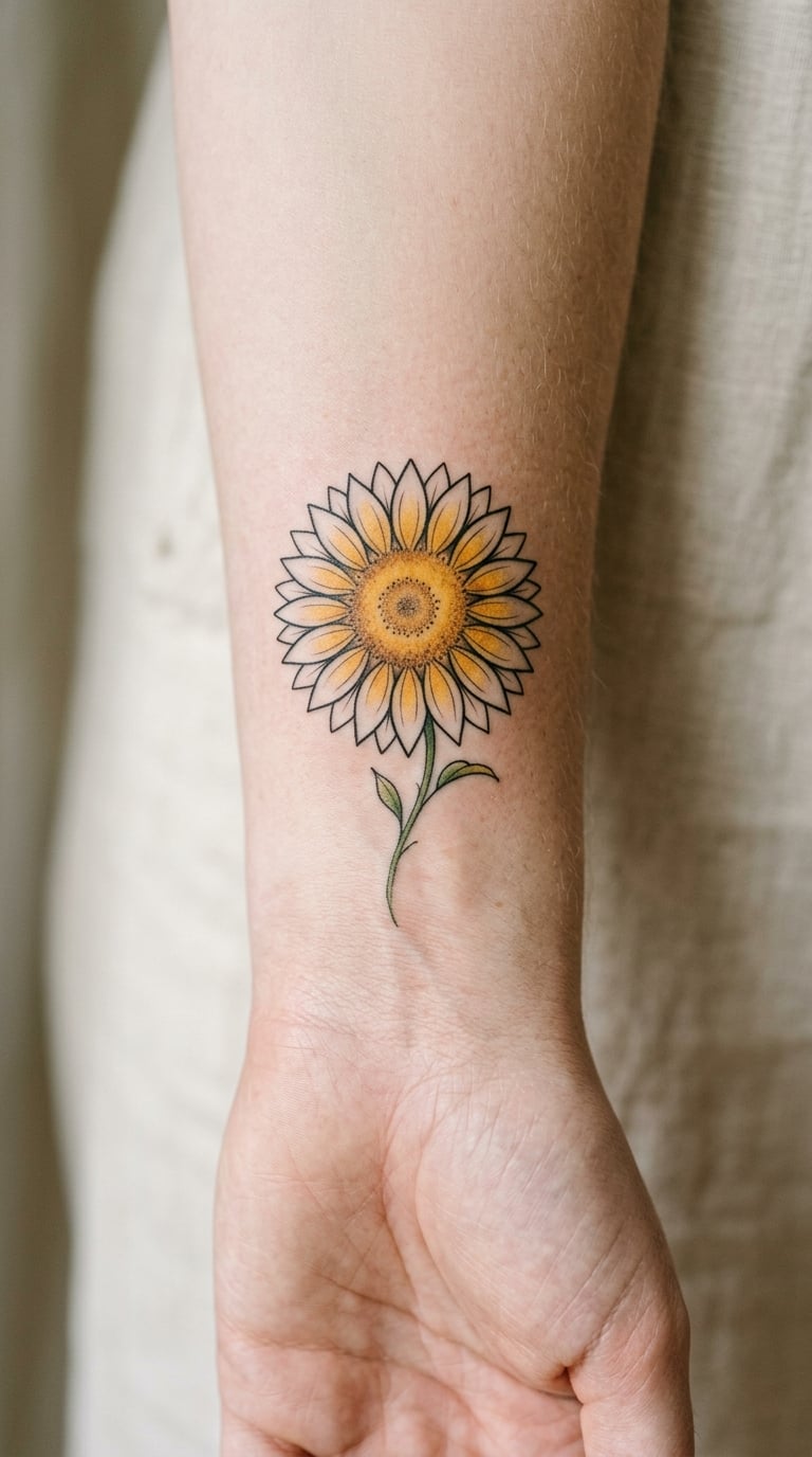 Half-Colour Sunflower on the Inner Wrist, 4cm