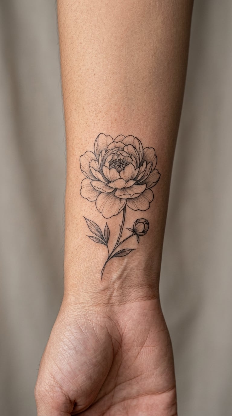 Fine Line Peony With a Pale Grey Wash, Outer Wrist, 6cm