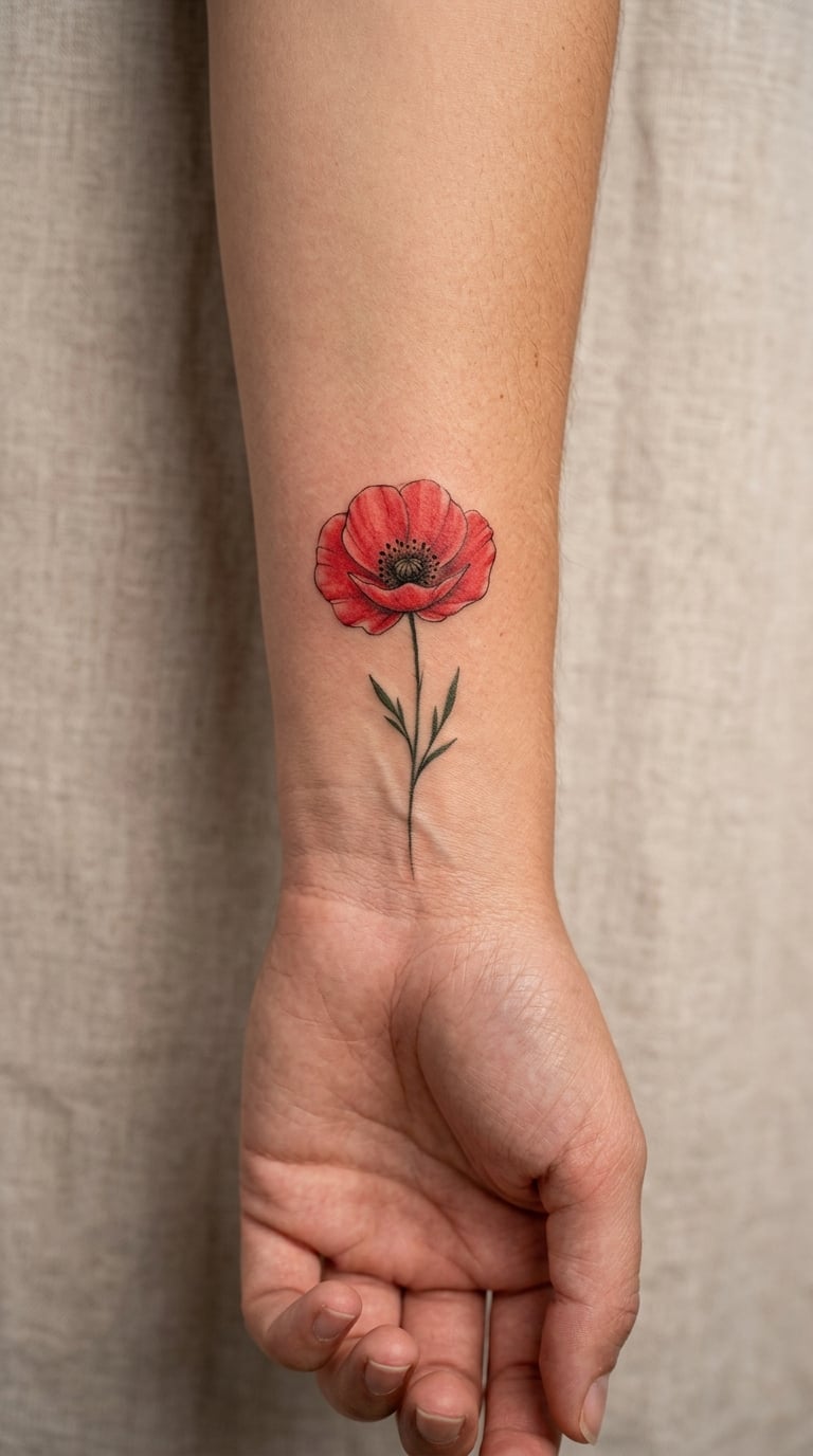 Single Poppy With Seed Head, Inner Wrist, 4.5cm