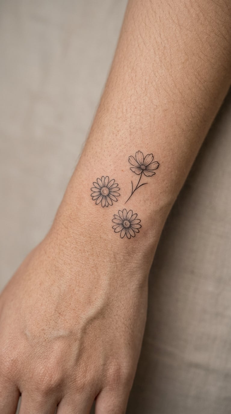 Scattered Cosmos and Daisy Trio, Back of the Wrist, 3.5cm