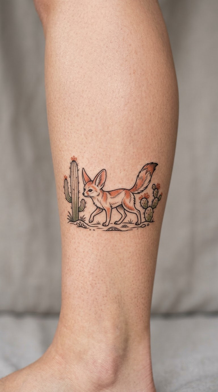 Desert Fox Emerging From Sparse Cacti