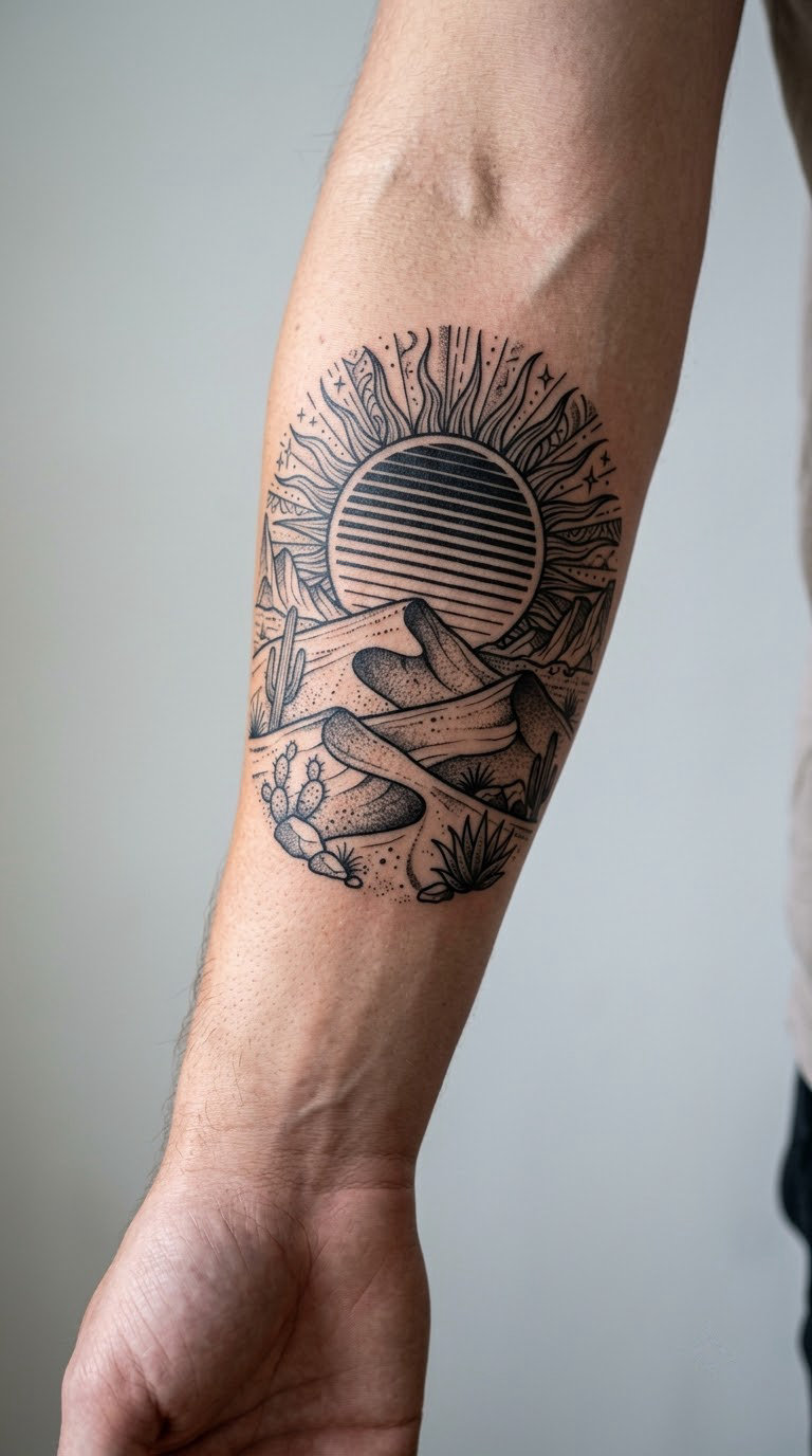 Blackwork Desert Sunset With Layered Dunes