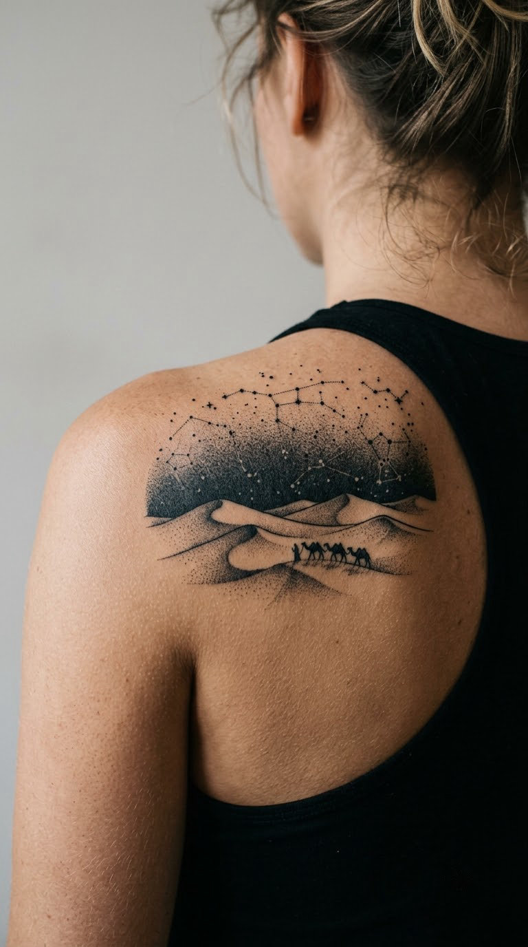 Dotwork Star Map Over a Sand Dune