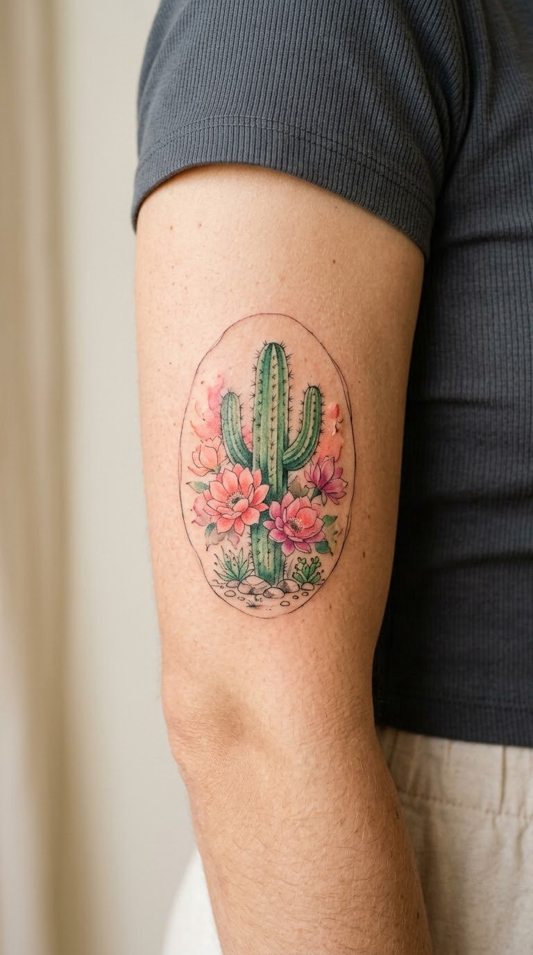 Watercolor Cactus Bloom in a Loose Oval