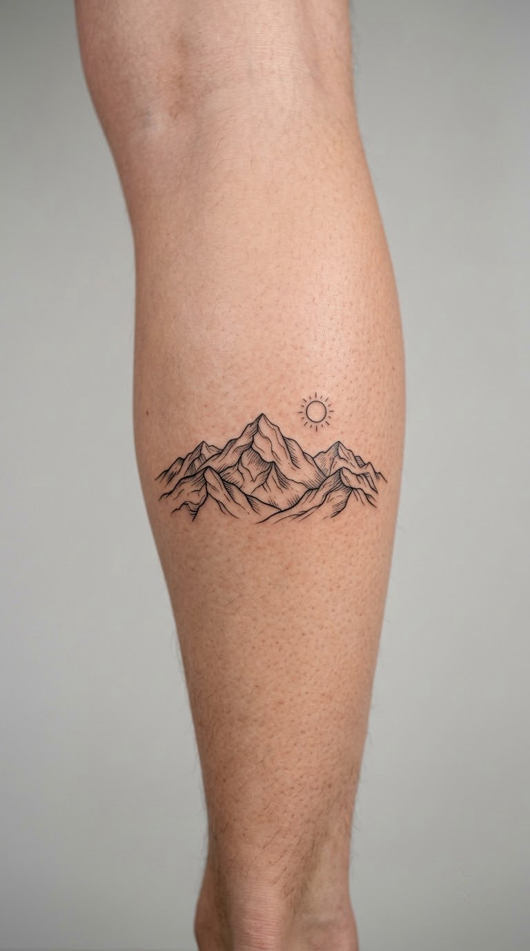 Fine-Line Mountain Range With a Tiny Sun