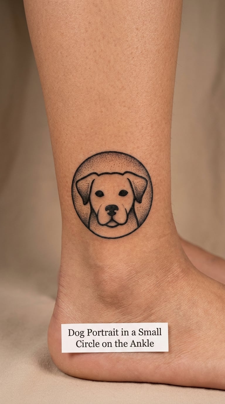 Dog Portrait in a Small Circle on the Ankle