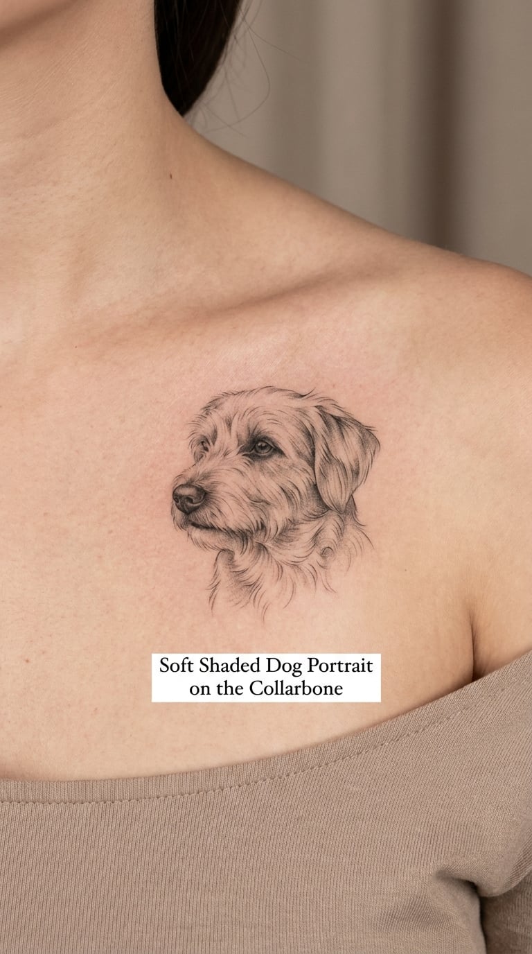 Soft Shaded Dog Portrait on the Collarbone