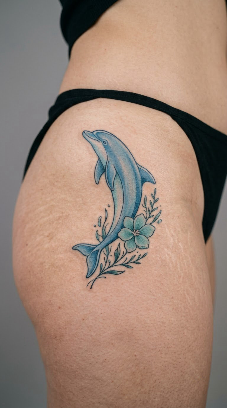 Blue Dolphin with Floral Water Accent on the Hip