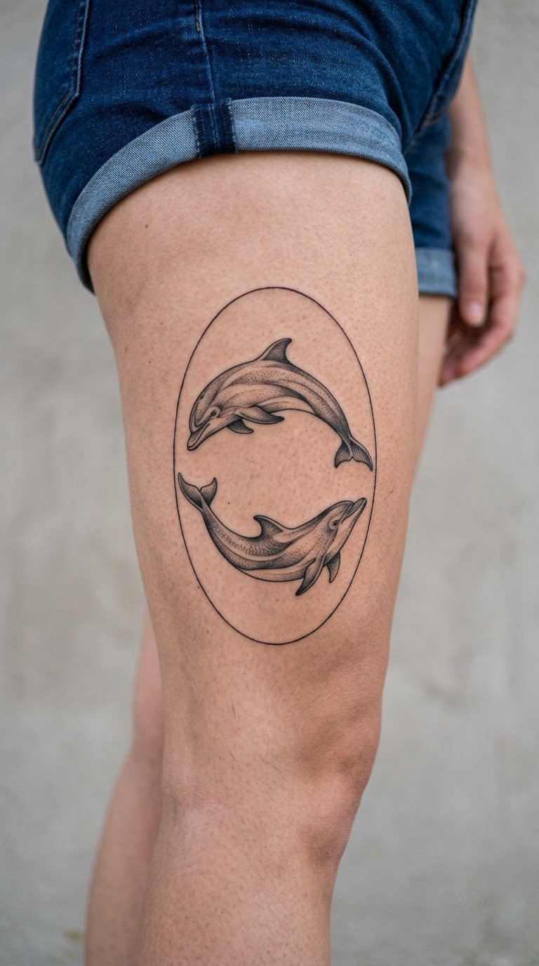 Two Dolphins Swimming in an Oval on the Thigh