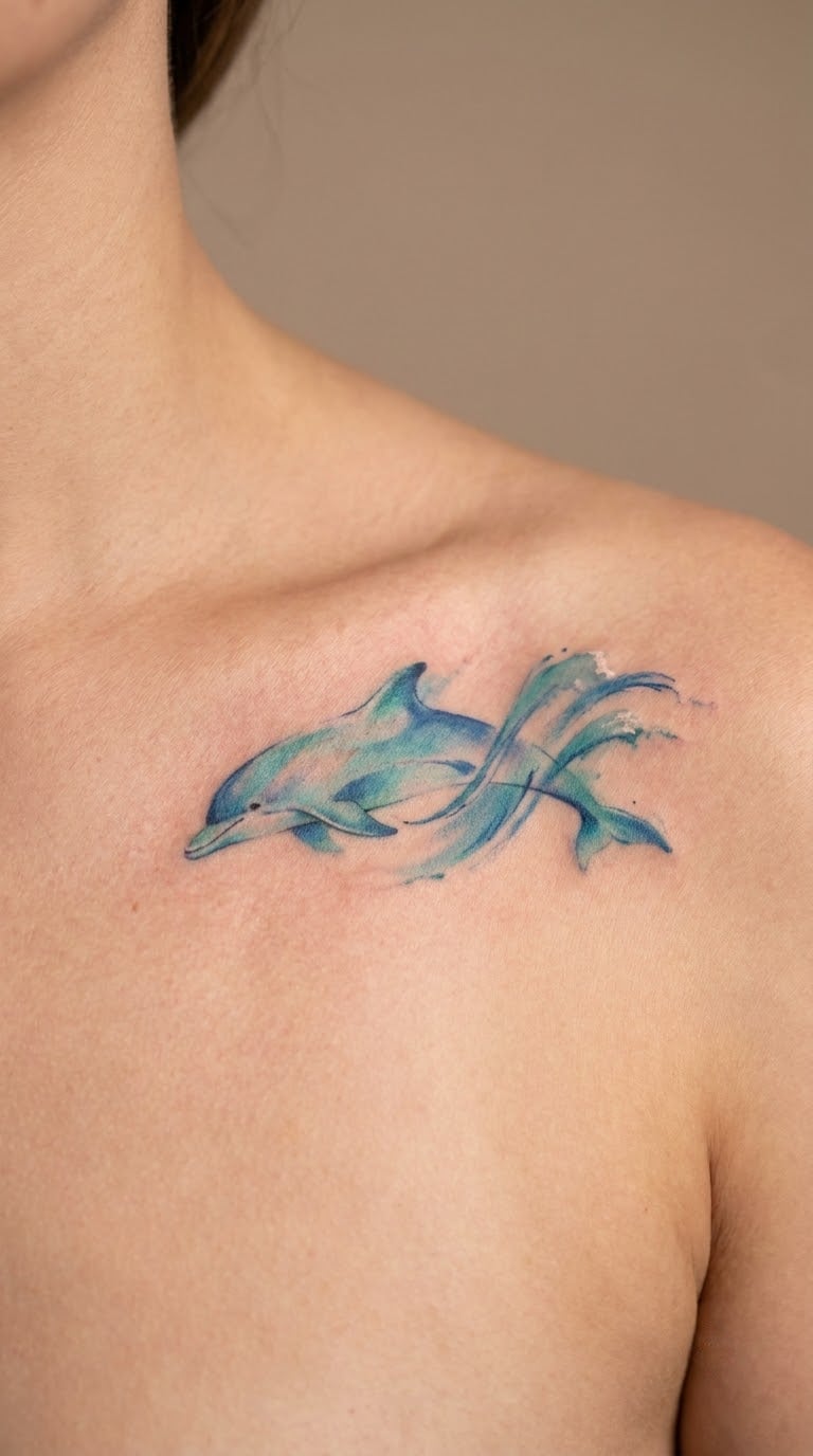 Dolphin and Wave Watercolor on the Collarbone