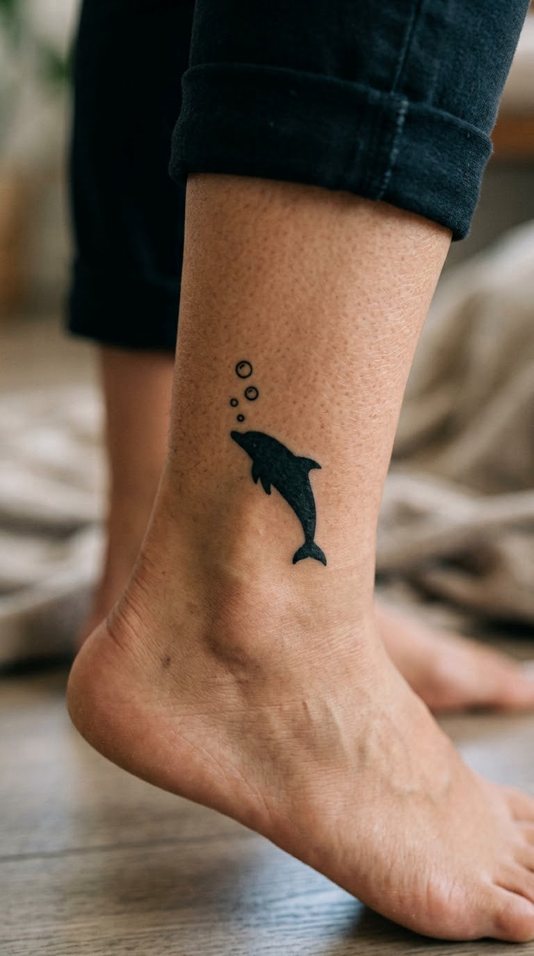 Dolphin Silhouette with Bubbles on the Ankle