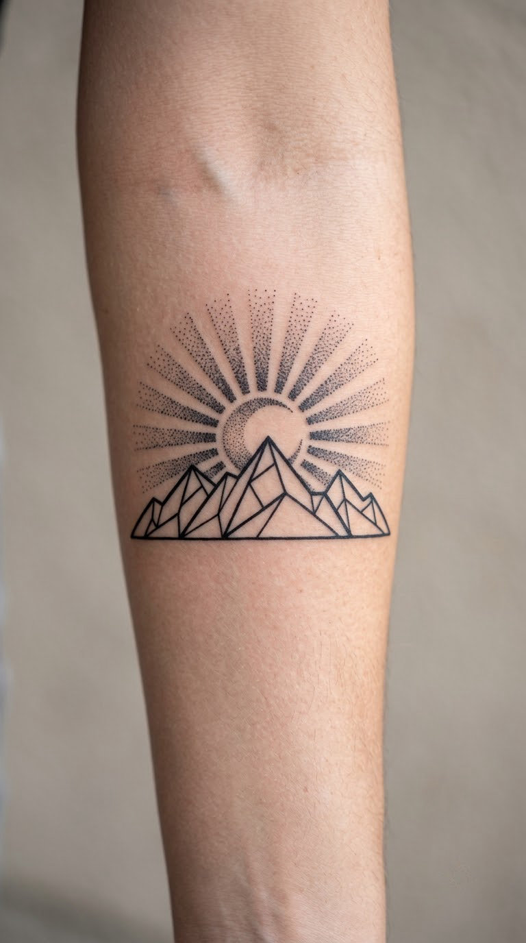 Geometric Mountain Sunrise on the Forearm