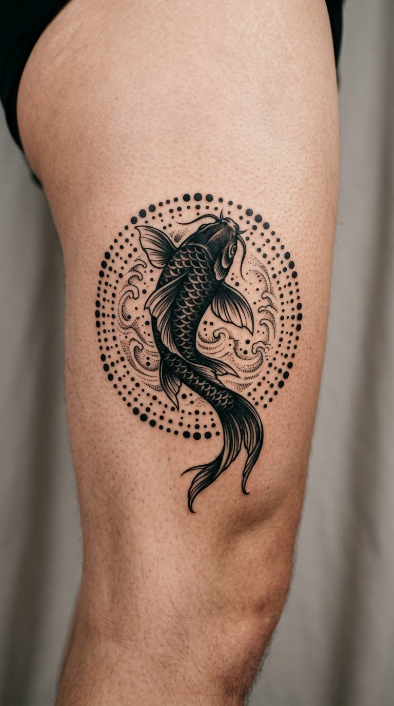 Koi in a Circular Dotwork Current