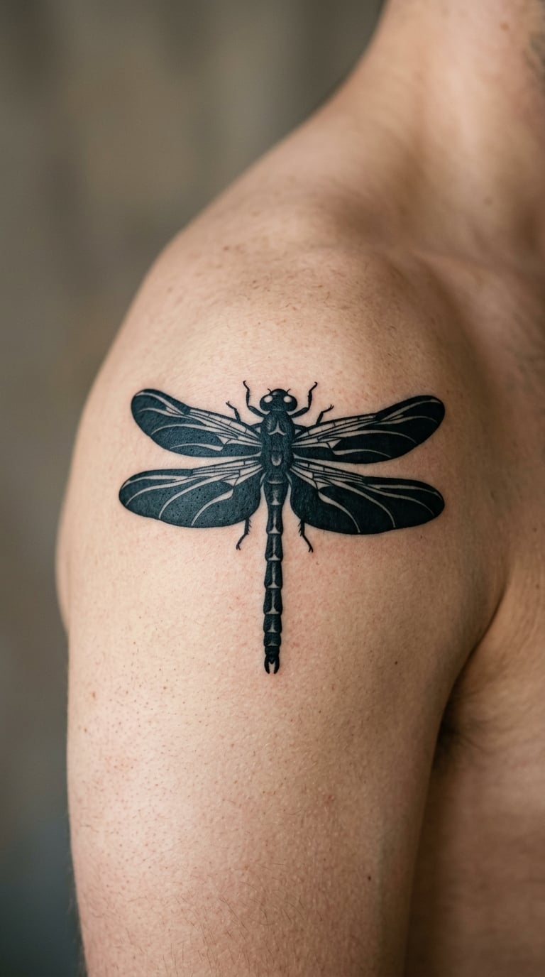 Blackwork Dragonfly Cap on the Shoulder