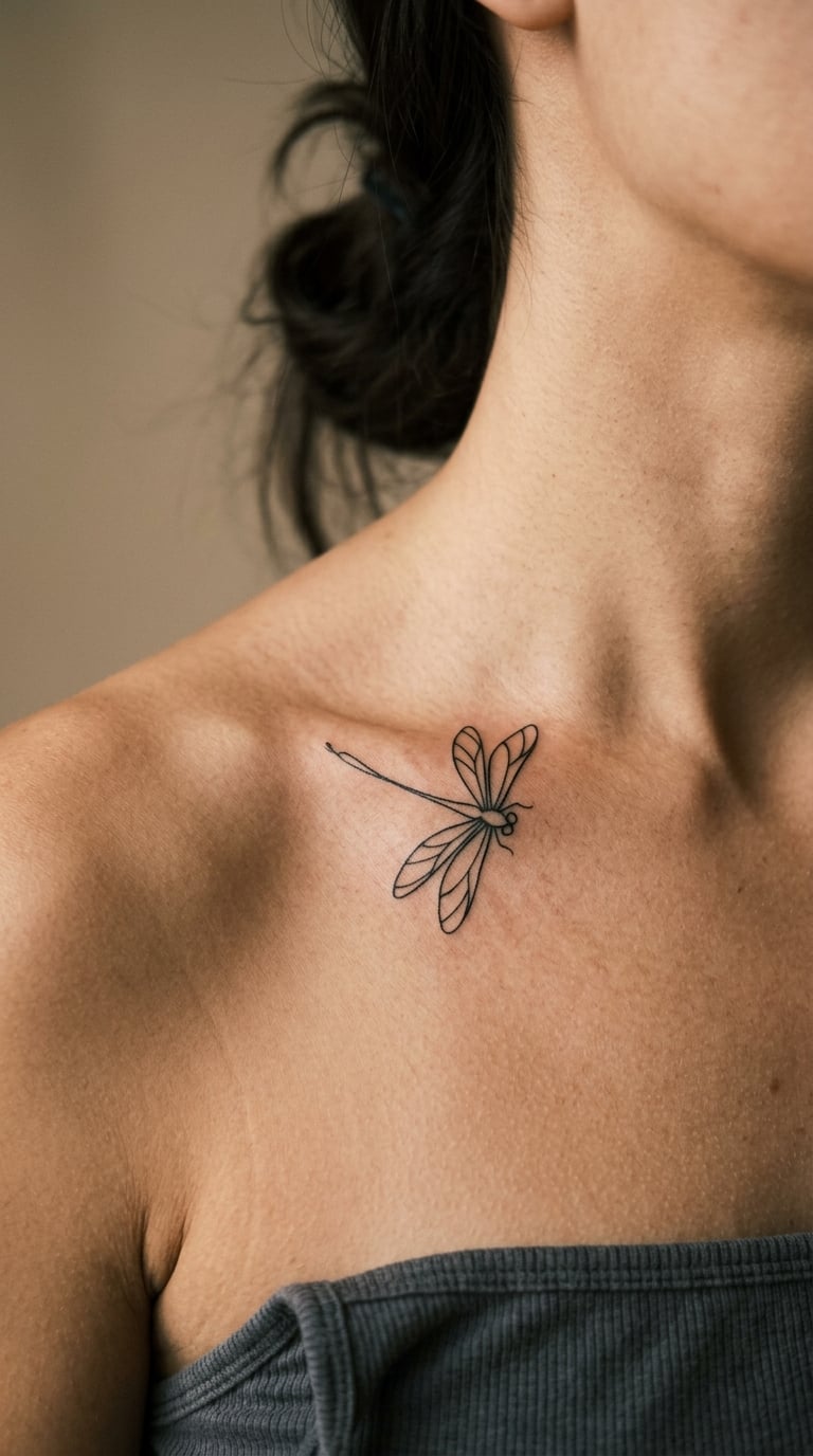 Minimal Line Dragonfly on the Collarbone