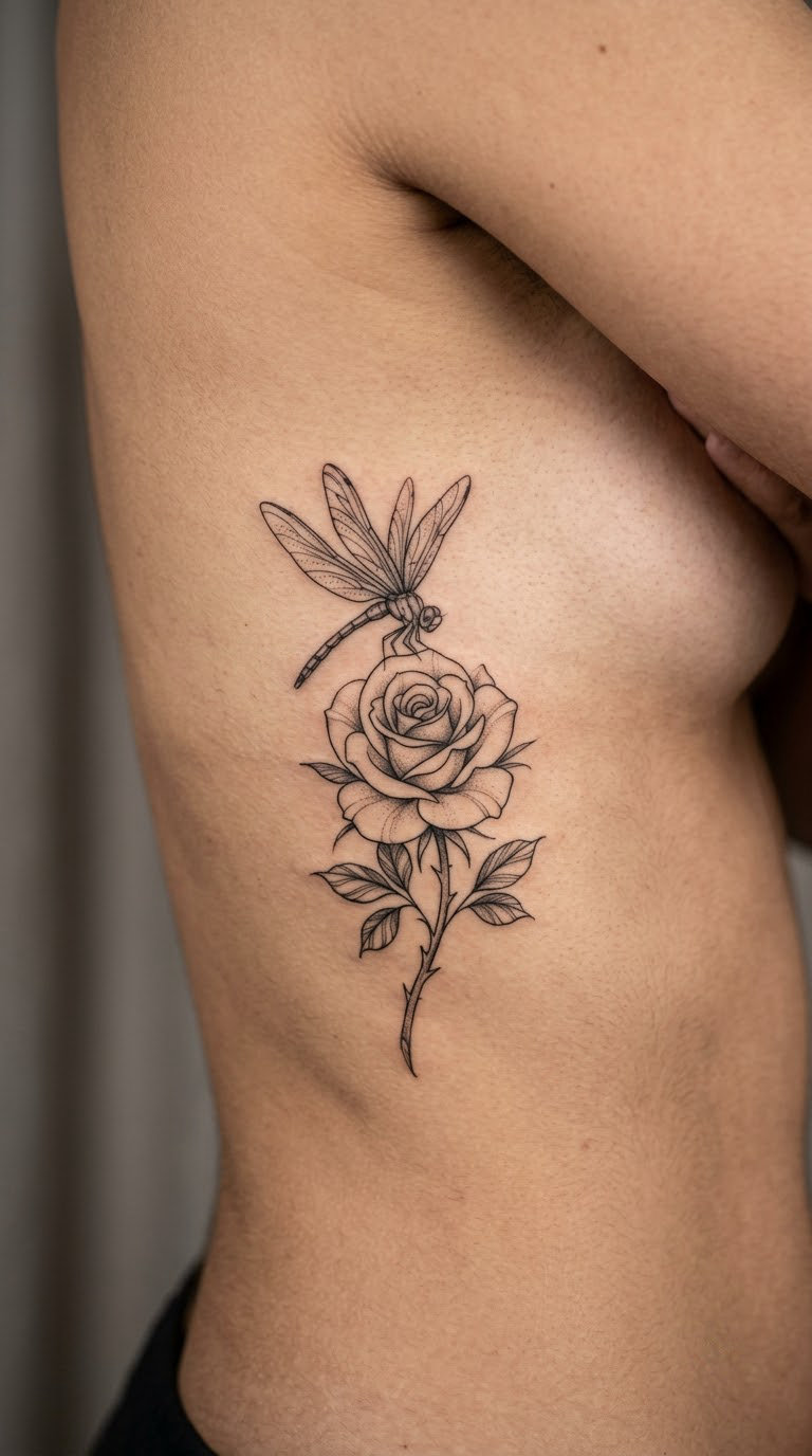 Dragonfly and Rose on the Ribs