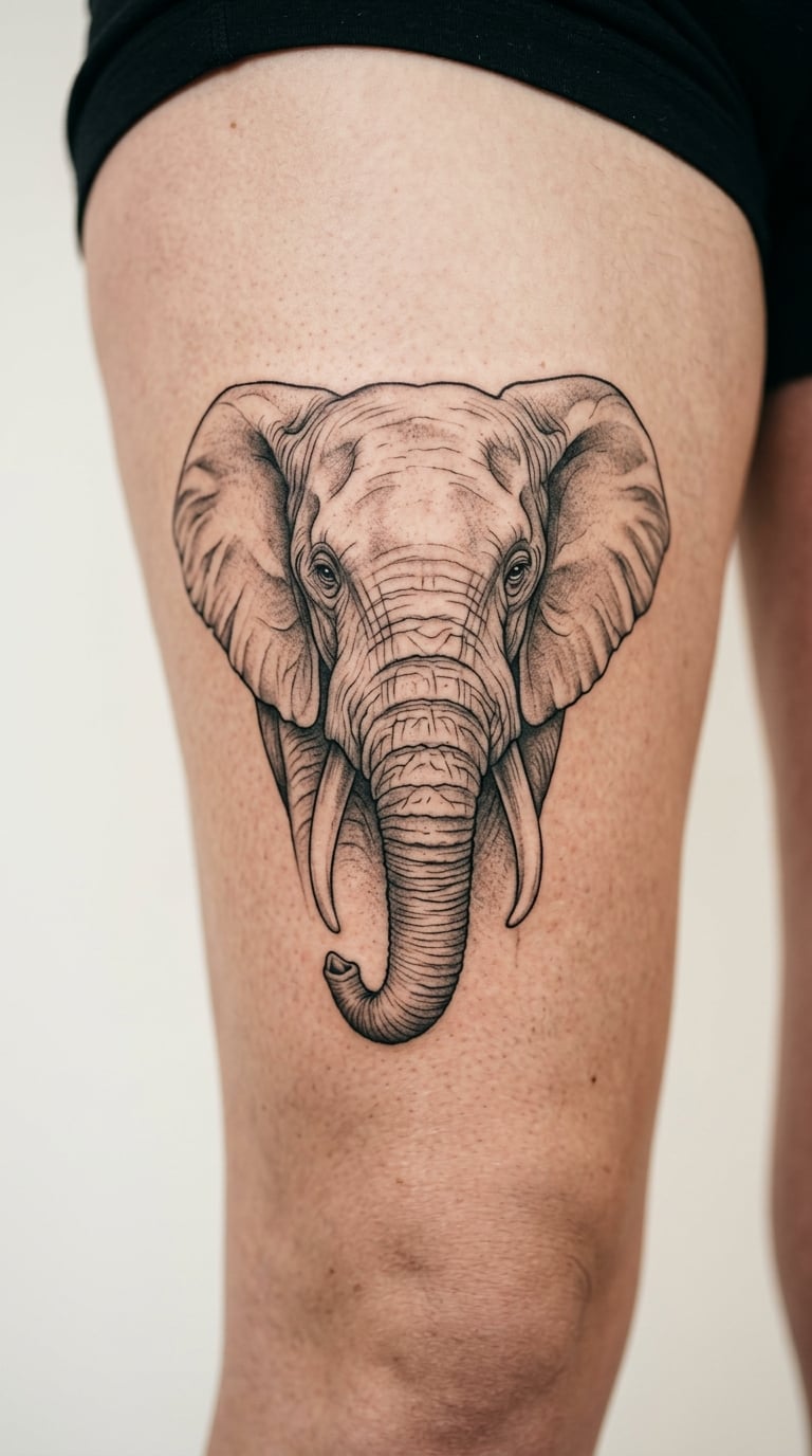 Realistic Grey Elephant Portrait on the Thigh