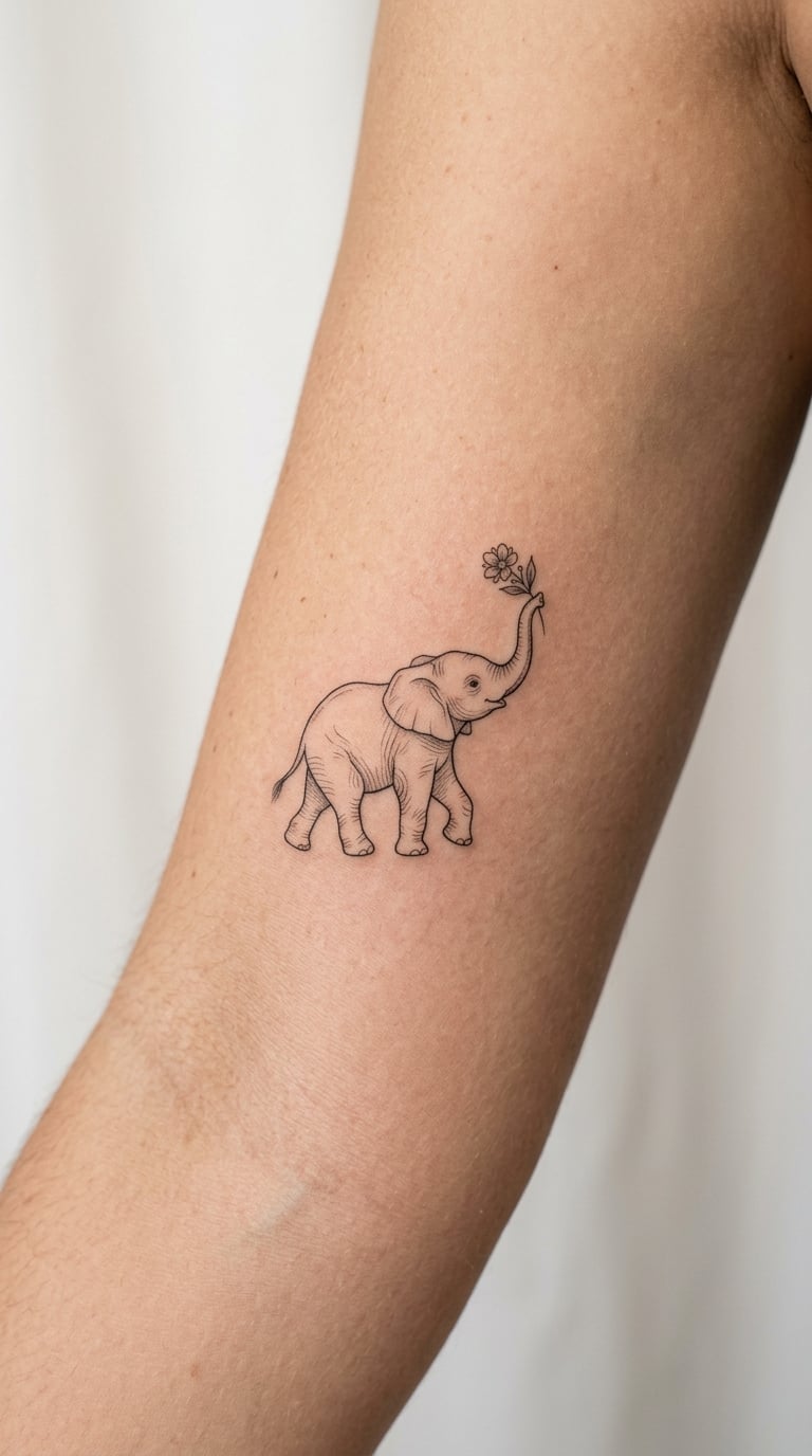 Baby Elephant Holding a Single Flower, Scaled Up