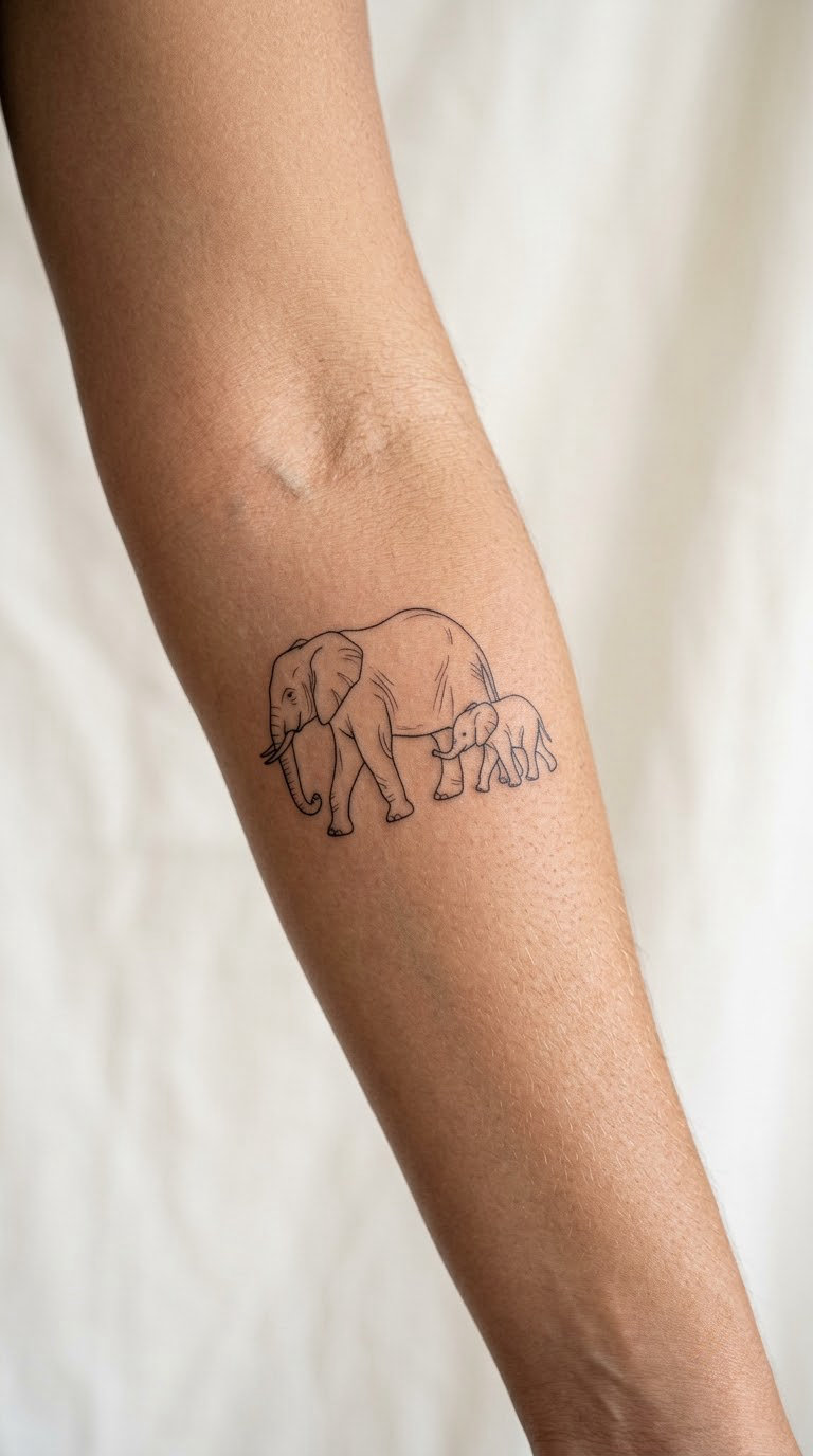 Mother and Calf Walking in Simple Line Art