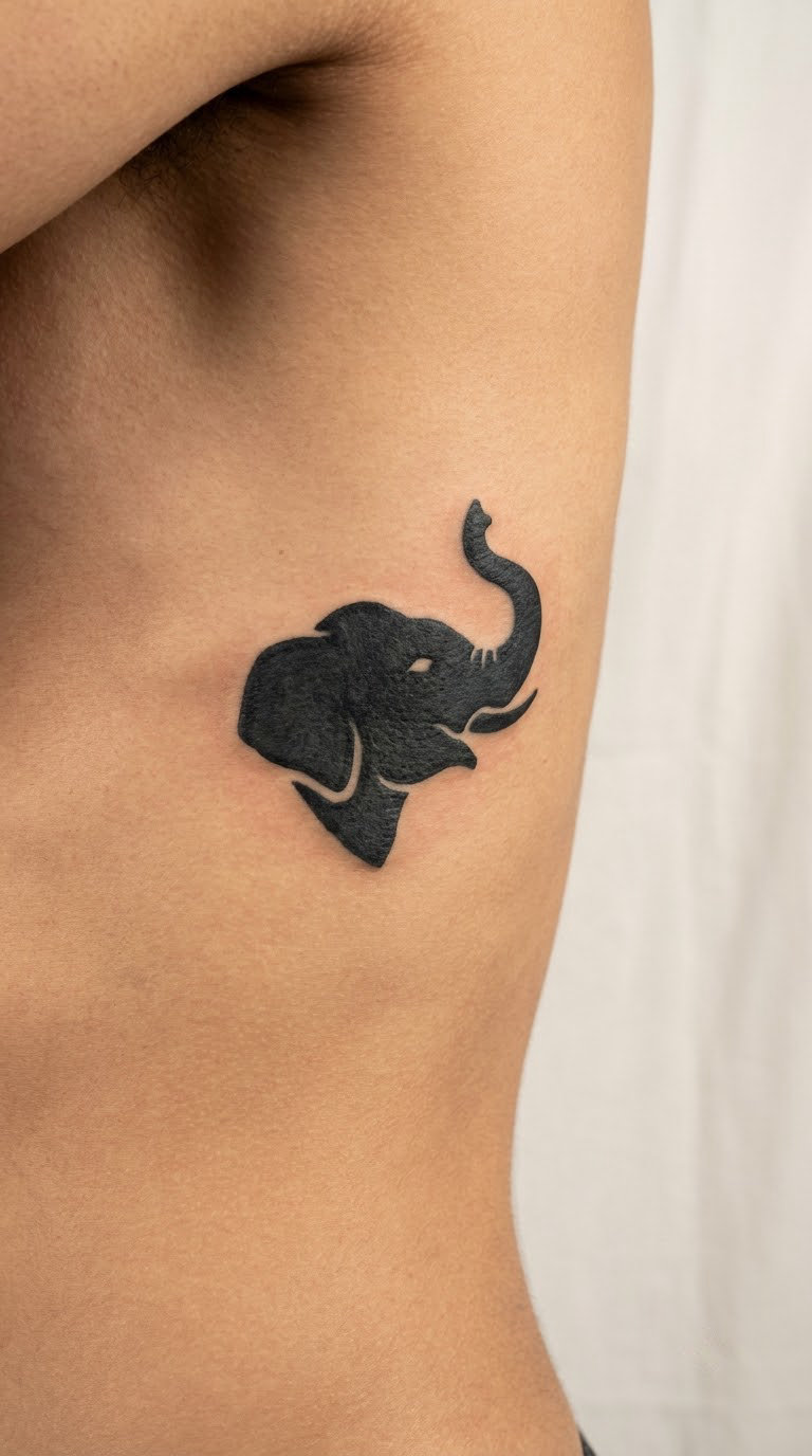 Solid Blackwork Elephant Head on the Ribs or Thigh
