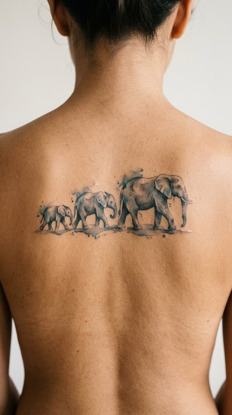 Loose Watercolour Elephant Herd Across the Upper Back