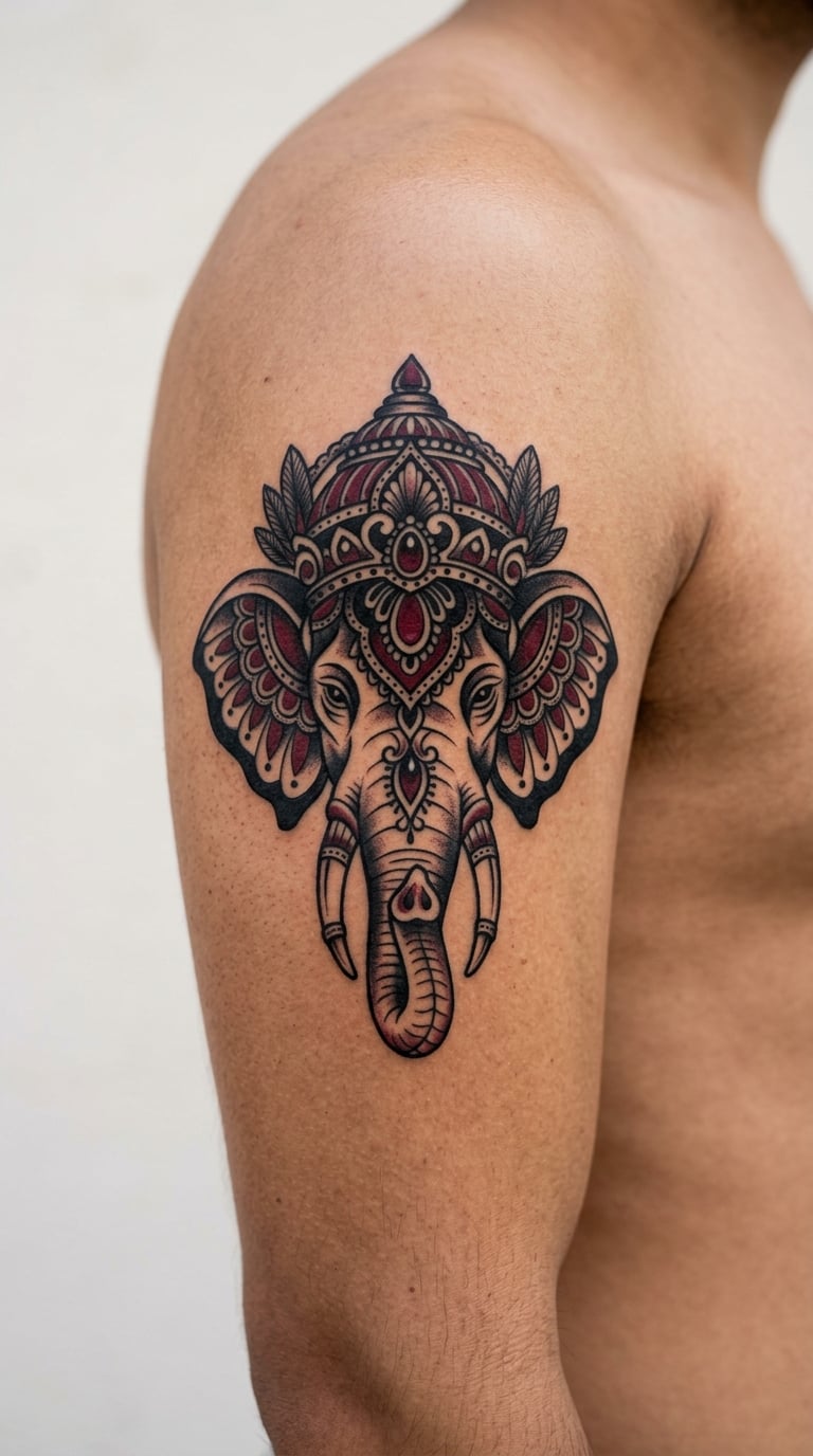 Neo-Traditional Elephant Head With an Ornamental Headdress