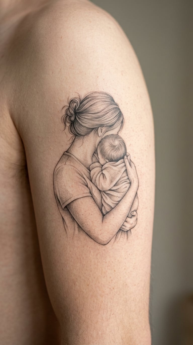 Realistic Mother and Child Portrait on the Upper Arm