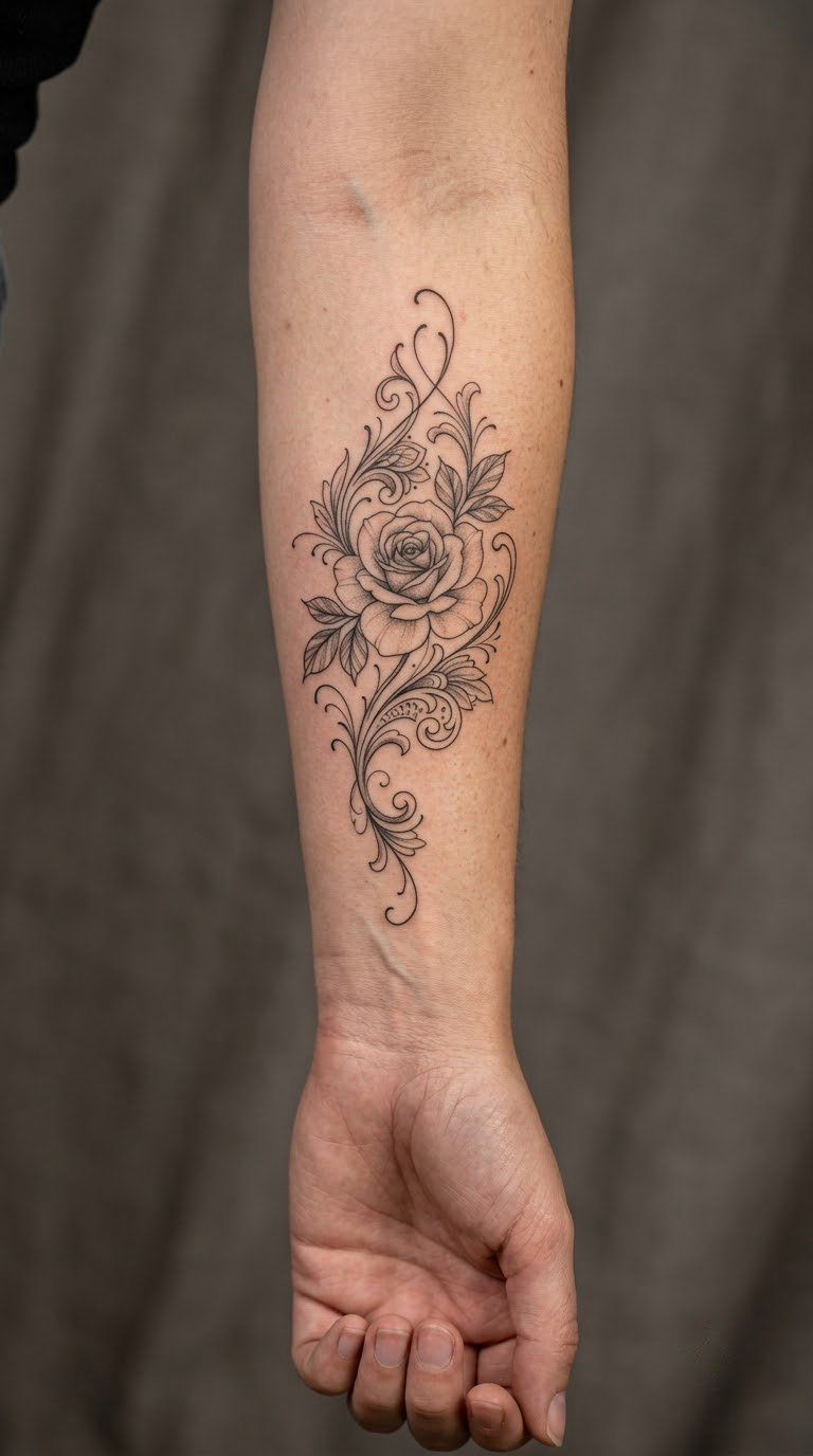 Fine-Line Filigree Rose on the Forearm