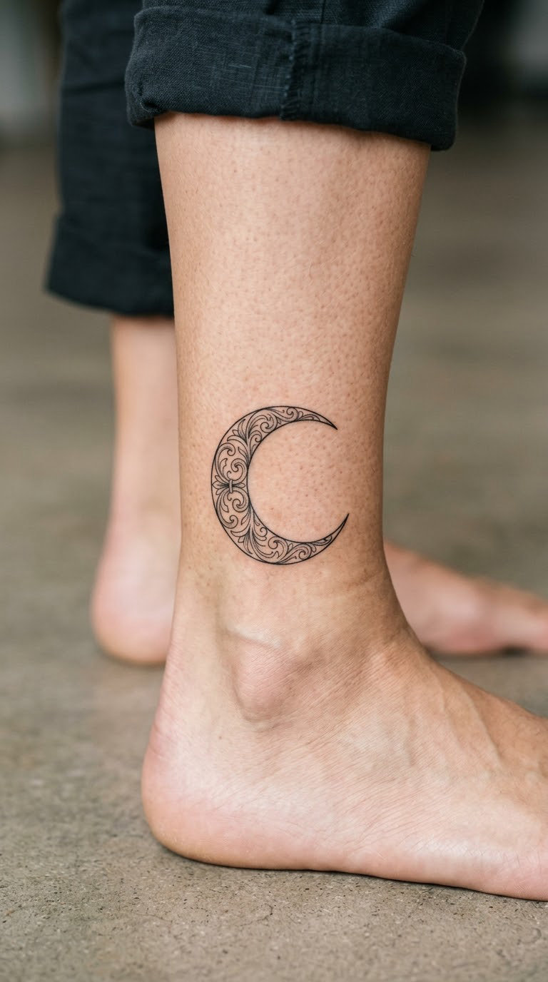 Minimal Filigree Crescent Moon on the Ankle