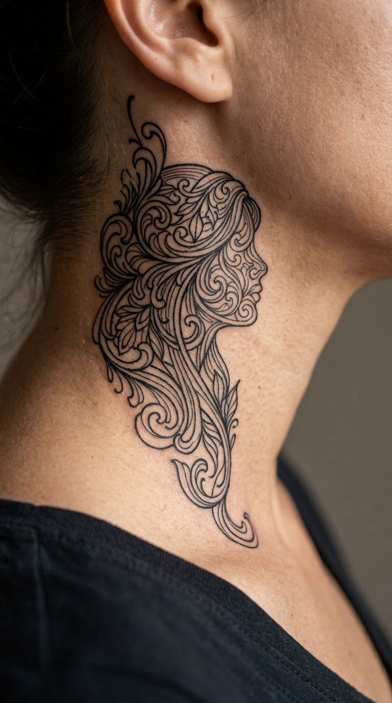 Art Nouveau Filigree Woman's Face on the Side of the Neck