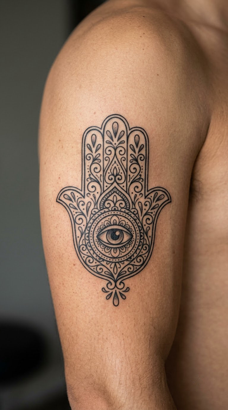 Intricate Filigree Hamsa on the Upper Arm