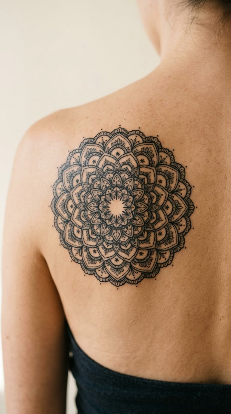 Geometric Filigree Mandala on the Back of the Shoulder